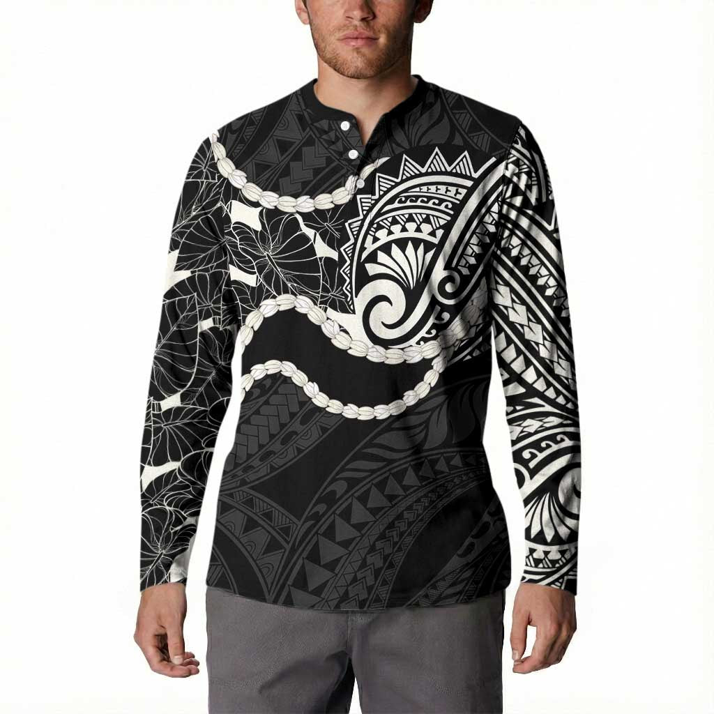 Aloha Hawaii Kalo Pikake Lei Button Sweatshirt Chest Tattoo Black Hawaiian Pattern LT14 - Polynesian Pride