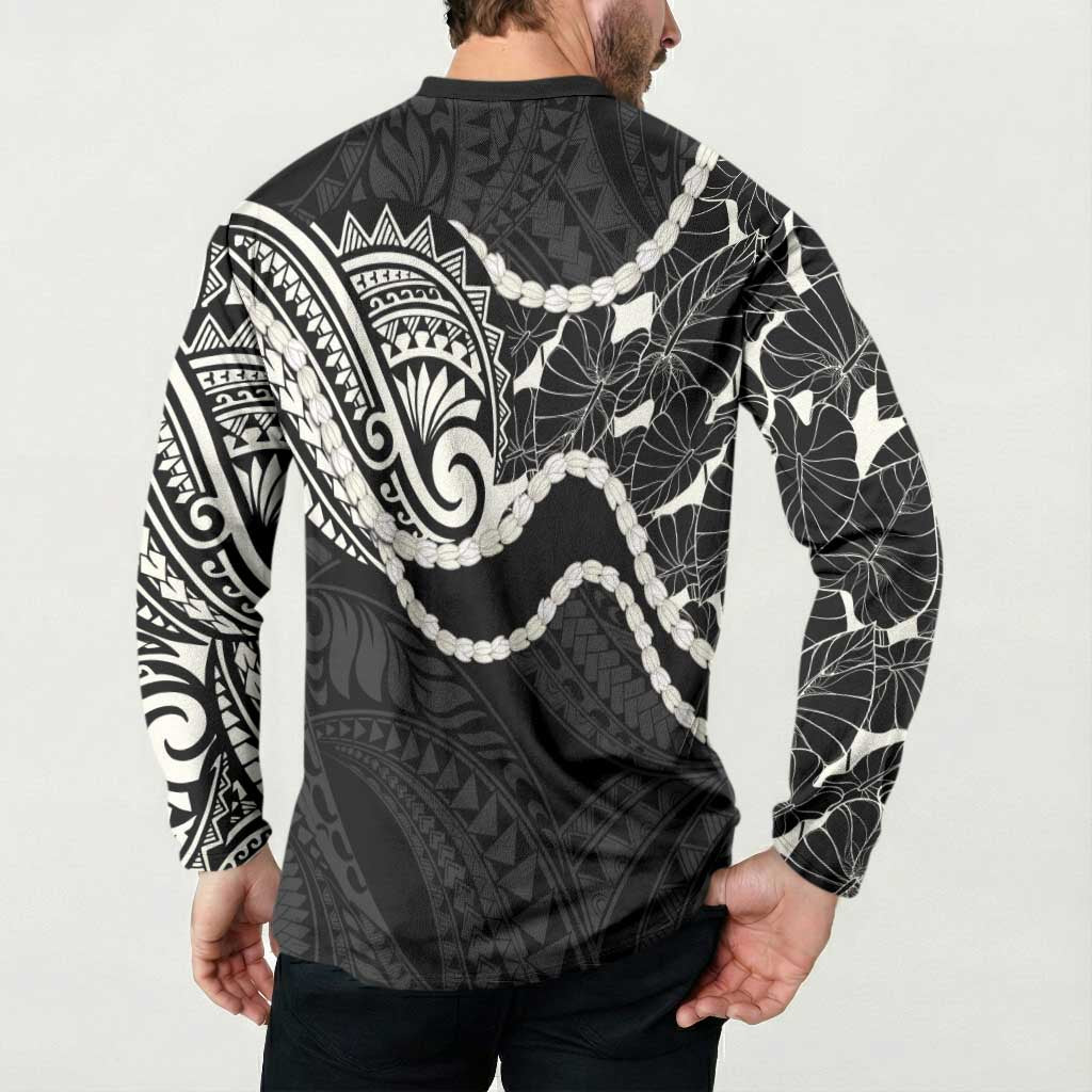 Aloha Hawaii Kalo Pikake Lei Button Sweatshirt Chest Tattoo Black Hawaiian Pattern LT14 - Polynesian Pride