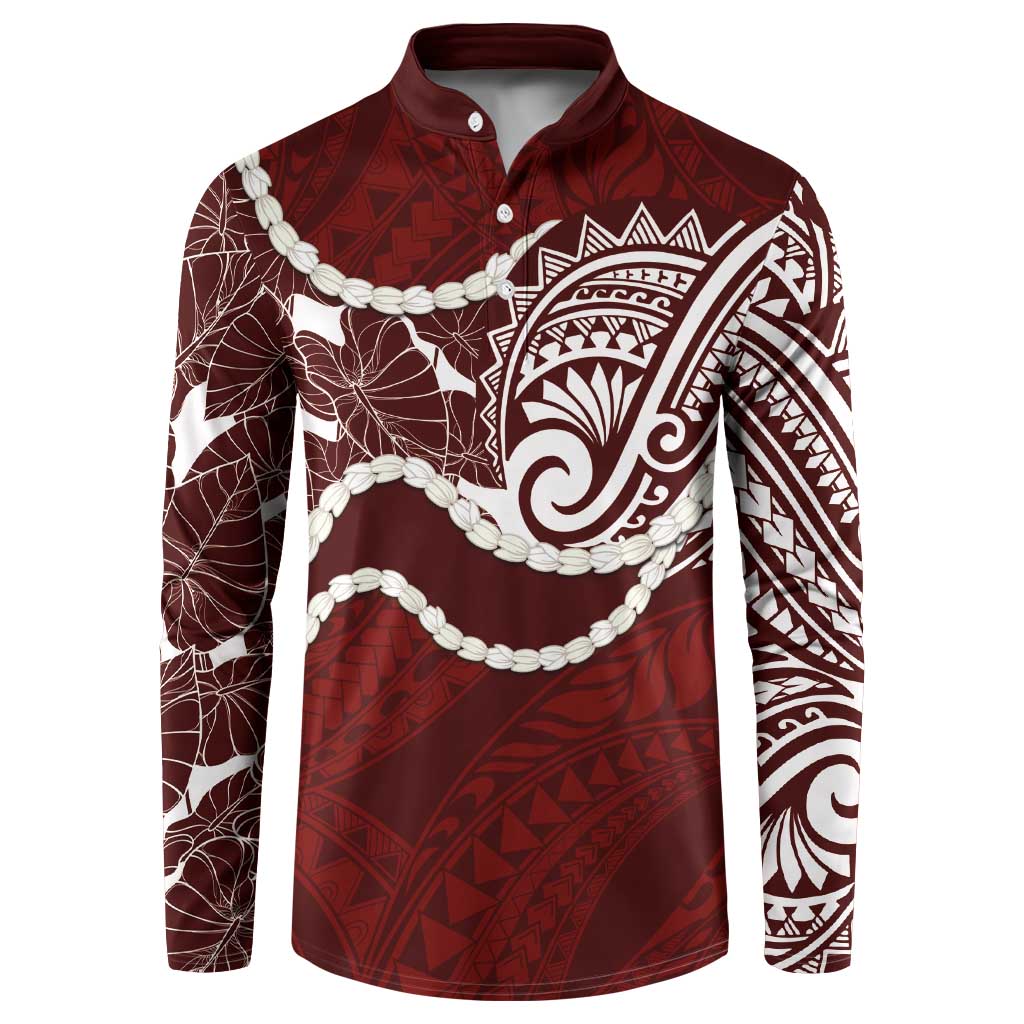 Aloha Hawaii Kalo Pikake Lei Button Sweatshirt Chest Tattoo Oxblood Hawaiian Pattern LT14 Oxblood - Polynesian Pride