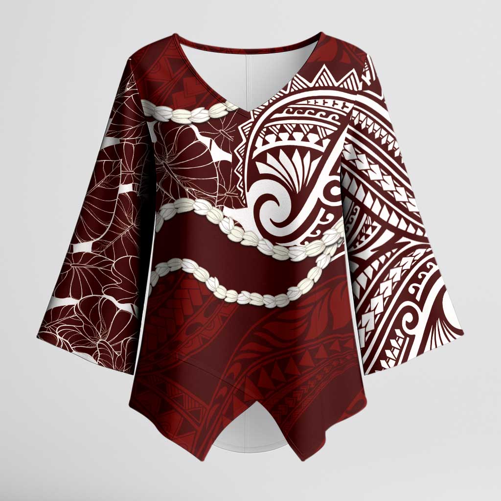 Aloha Hawaii Kalo Pikake Lei Kimono Sleeve Blouse Chest Tattoo Oxblood Hawaiian Pattern LT14 Female Oxblood - Polynesian Pride