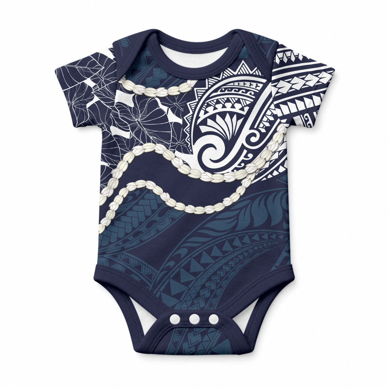 Aloha Hawaii Kalo Pikake Lei Baby Onesie Chest Tattoo Oxford Blue Hawaiian Pattern