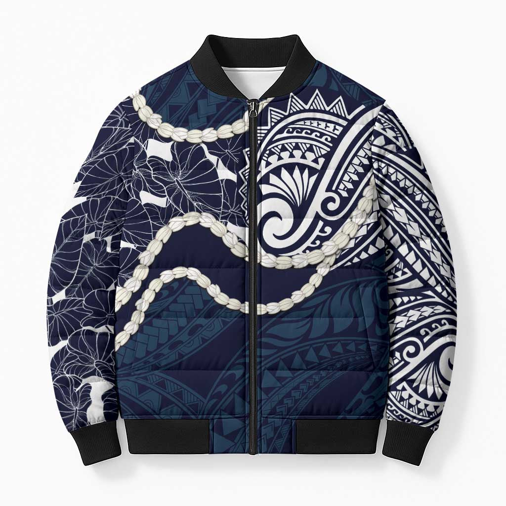 Aloha Hawaii Kalo Pikake Lei Bomber Puffer Jacket Chest Tattoo Oxford Blue Hawaiian Pattern LT14 Unisex Oxford Blue - Polynesian Pride