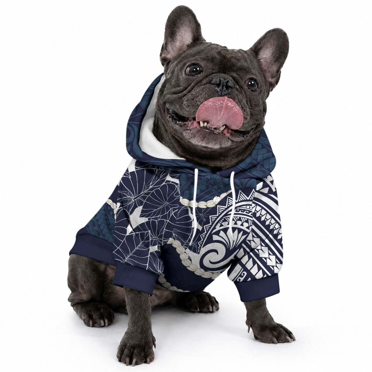 Aloha Hawaii Kalo Pikake Lei Pet Hoodie Chest Tattoo Oxford Blue Hawaiian Pattern