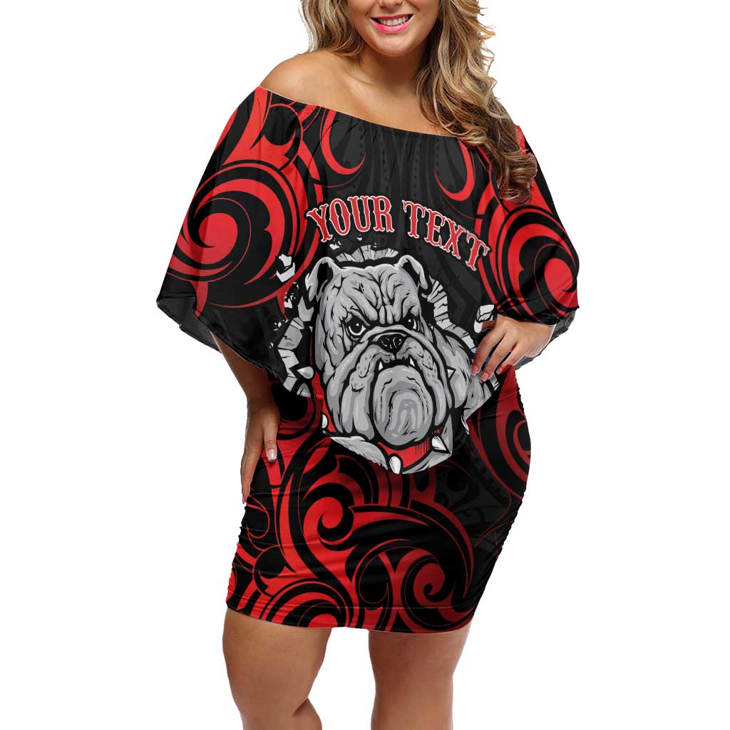 Personalised Aotearoa Bulldog Off Shoulder Short Dress NZ Maori Tattoo LT14 Women Red - Polynesian Pride
