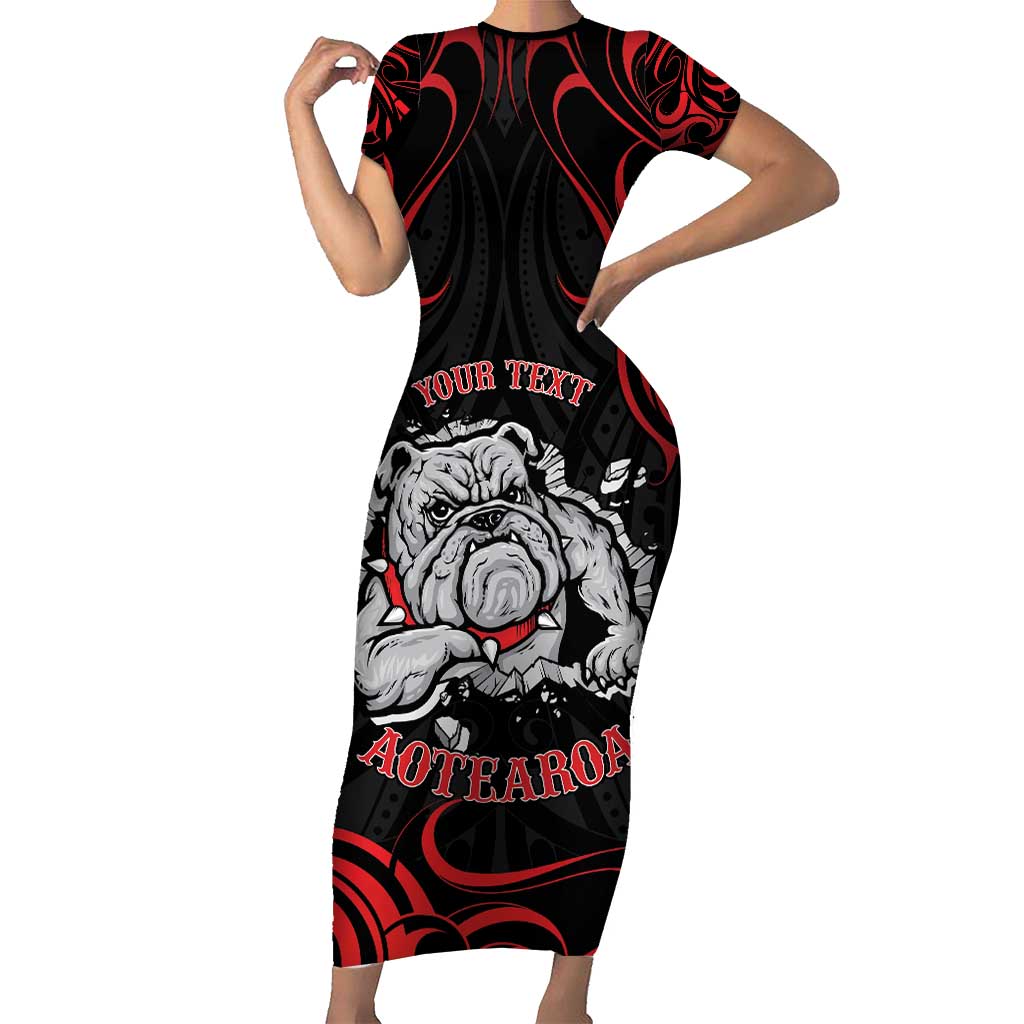 Personalised Aotearoa Bulldog Short Sleeve Bodycon Dress NZ Maori Tattoo LT14 Long Dress Red - Polynesian Pride