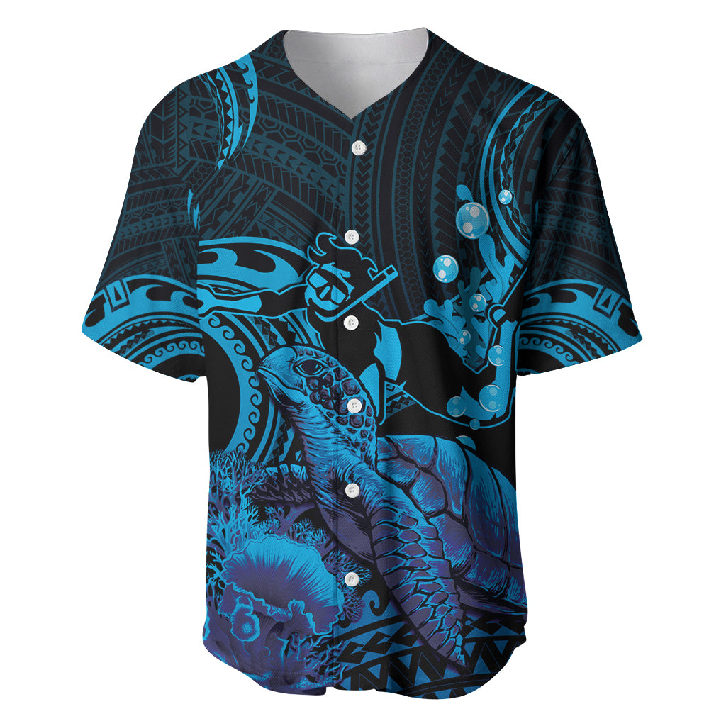 Blue Aloha Hawaii Baseball Jersey Snorkeling With Sea Turtle Polynesian Pattern LT14 Blue - Polynesian Pride