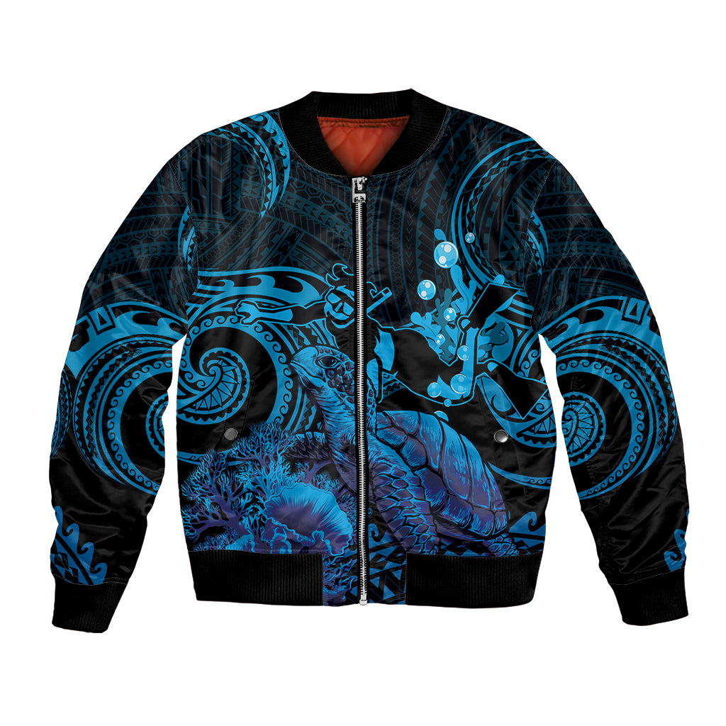 Blue Aloha Hawaii Bomber Jacket Snorkeling With Sea Turtle Polynesian Pattern LT14 Unisex Blue - Polynesian Pride