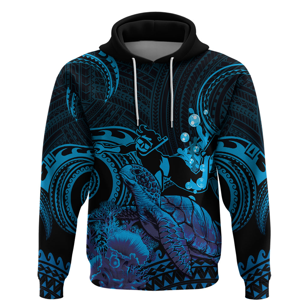 Blue Aloha Hawaii Hoodie Snorkeling With Sea Turtle Polynesian Pattern LT14 Pullover Hoodie Blue - Polynesian Pride