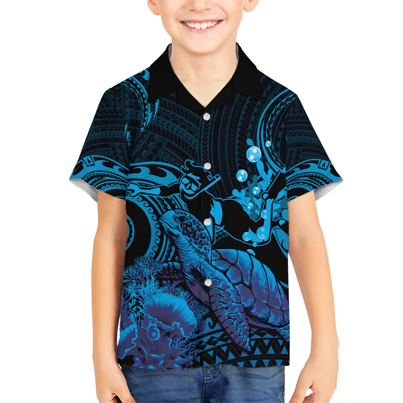 Blue Aloha Hawaii Kid Hawaiian Shirt Snorkeling With Sea Turtle Polynesian Pattern LT14 Kid Blue - Polynesian Pride