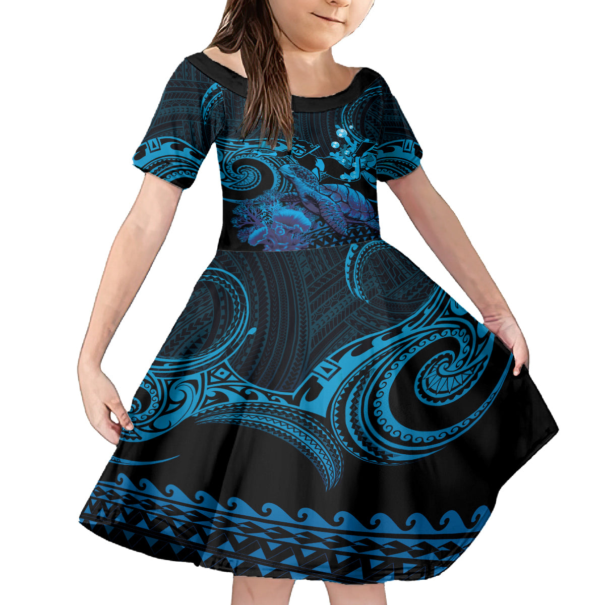 Blue Aloha Hawaii Kid Short Sleeve Dress Snorkeling With Sea Turtle Polynesian Pattern LT14 KID Blue - Polynesian Pride