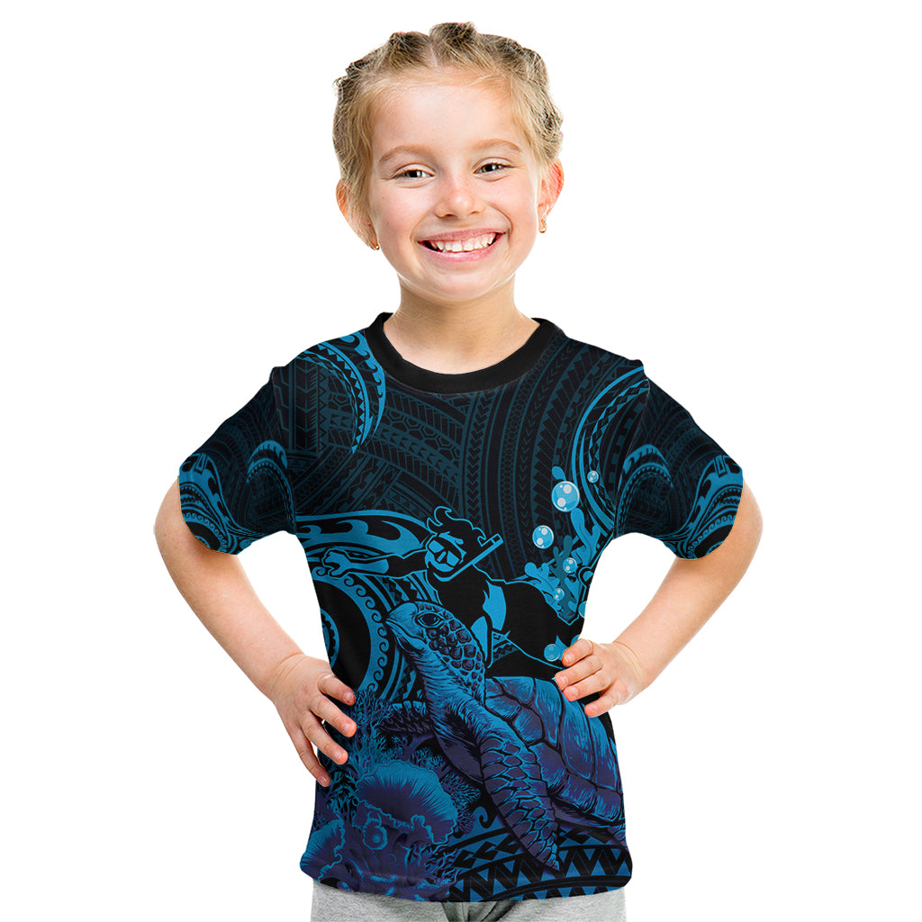 Blue Aloha Hawaii Kid T Shirt Snorkeling With Sea Turtle Polynesian Pattern LT14 Blue - Polynesian Pride