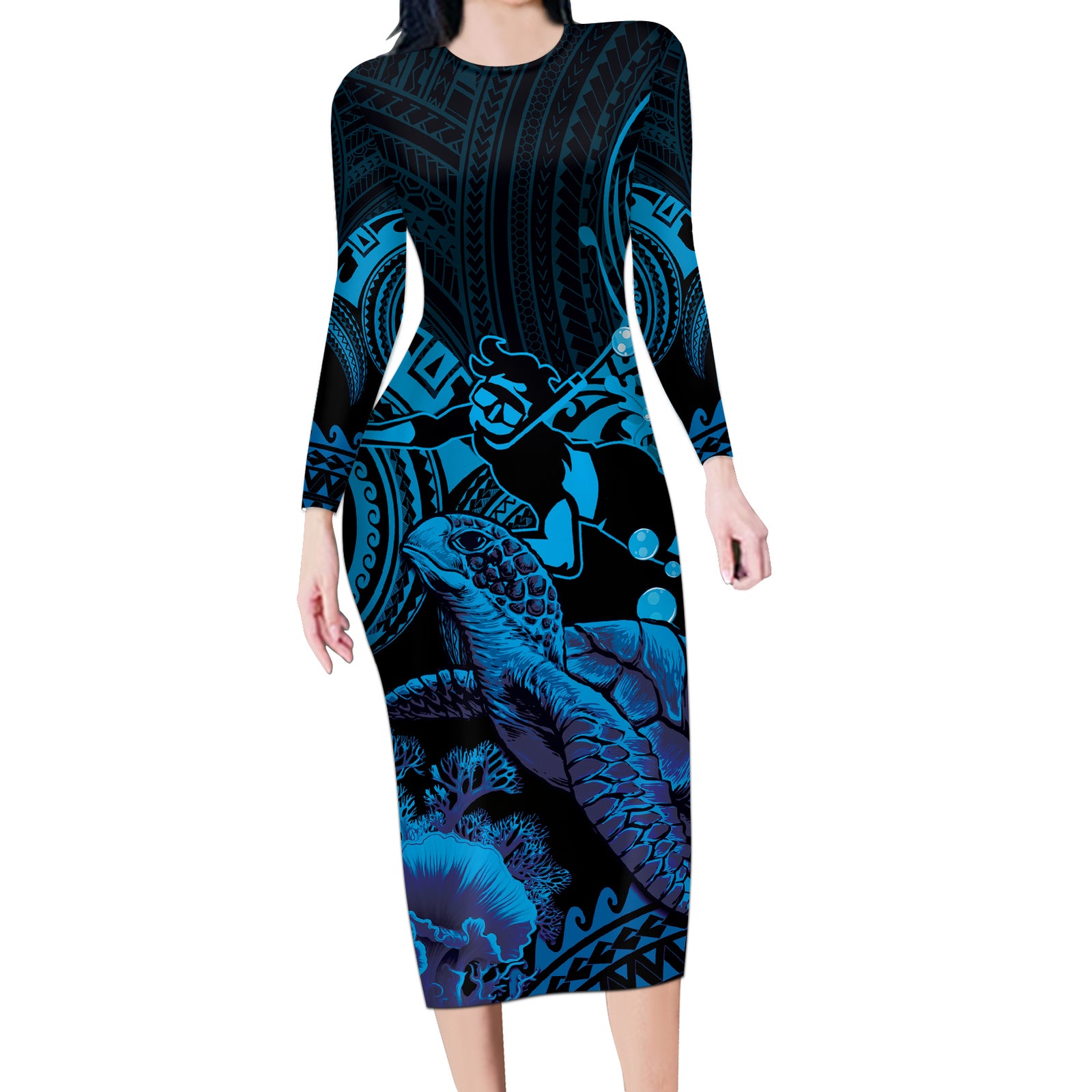 Blue Aloha Hawaii Long Sleeve Bodycon Dress Snorkeling With Sea Turtle Polynesian Pattern LT14 Long Dress Blue - Polynesian Pride