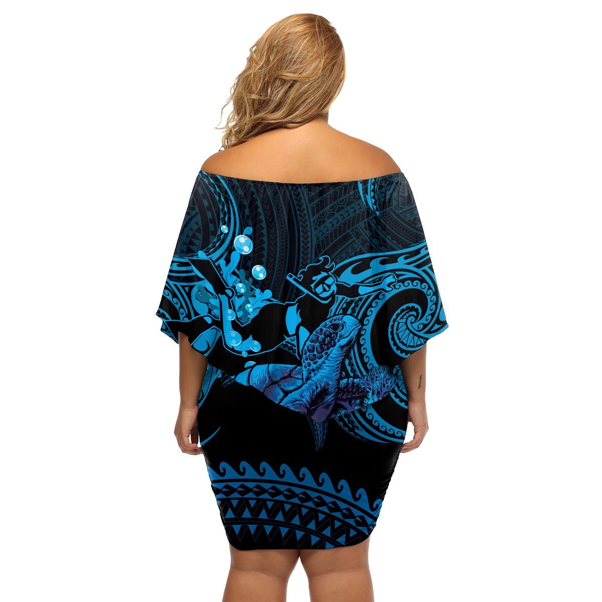 Blue Aloha Hawaii Off Shoulder Short Dress Snorkeling With Sea Turtle Polynesian Pattern LT14 - Polynesian Pride