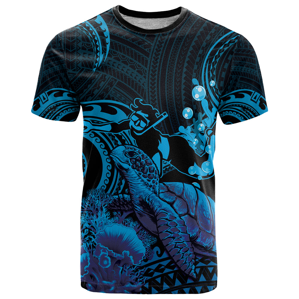 Blue Aloha Hawaii T Shirt Snorkeling With Sea Turtle Polynesian Pattern LT14 Blue - Polynesian Pride