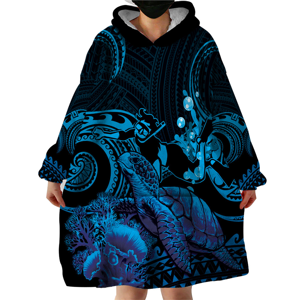 Blue Aloha Hawaii Wearable Blanket Hoodie Snorkeling With Sea Turtle Polynesian Pattern LT14 - Polynesian Pride