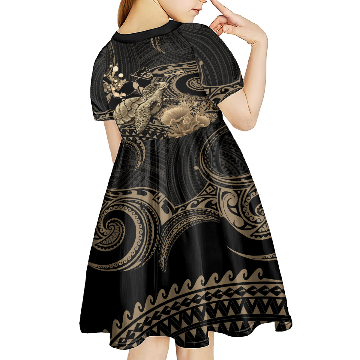 Gold Aloha Hawaii Kid Short Sleeve Dress Snorkeling With Sea Turtle Polynesian Pattern LT14 - Polynesian Pride
