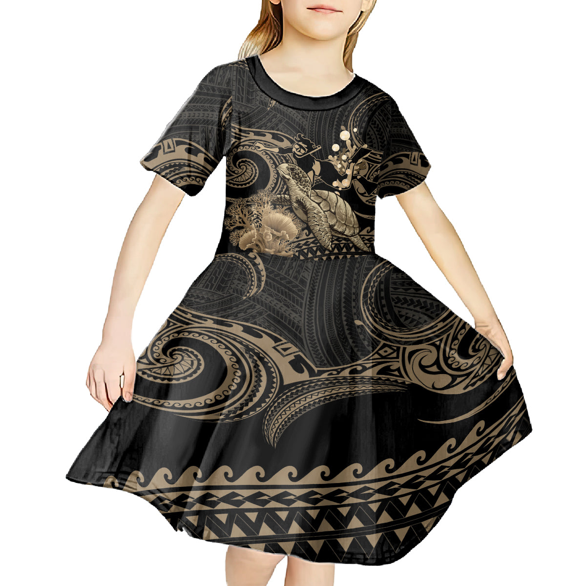 Gold Aloha Hawaii Kid Short Sleeve Dress Snorkeling With Sea Turtle Polynesian Pattern LT14 - Polynesian Pride