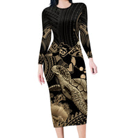 Gold Aloha Hawaii Long Sleeve Bodycon Dress Snorkeling With Sea Turtle Polynesian Pattern LT14 Long Dress Gold - Polynesian Pride