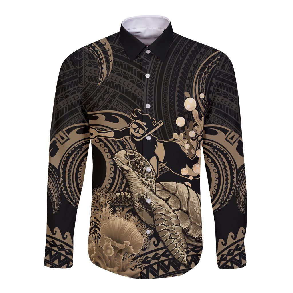 Gold Aloha Hawaii Long Sleeve Button Shirt Snorkeling With Sea Turtle Polynesian Pattern LT14 Unisex Gold - Polynesian Pride