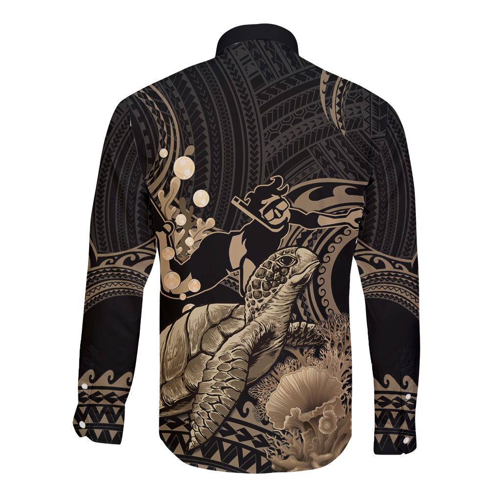 Gold Aloha Hawaii Long Sleeve Button Shirt Snorkeling With Sea Turtle Polynesian Pattern LT14 - Polynesian Pride