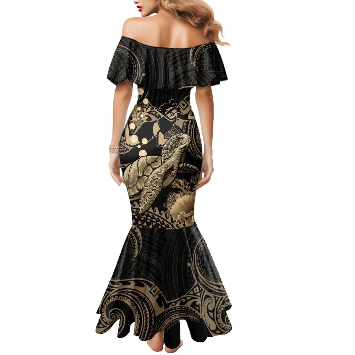 Gold Aloha Hawaii Mermaid Dress Snorkeling With Sea Turtle Polynesian Pattern LT14 - Polynesian Pride