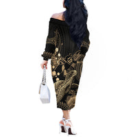 Gold Aloha Hawaii Off The Shoulder Long Sleeve Dress Snorkeling With Sea Turtle Polynesian Pattern LT14 - Polynesian Pride