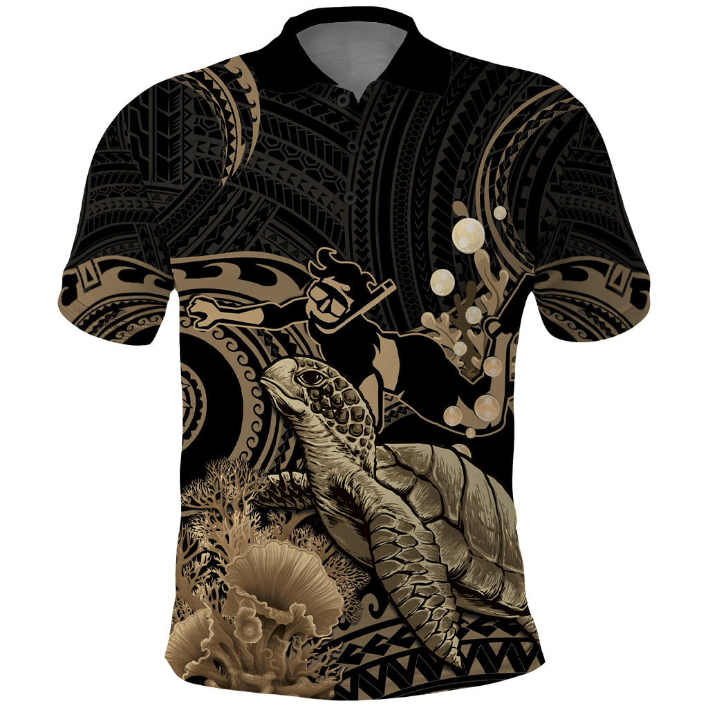 Gold Aloha Hawaii Polo Shirt Snorkeling With Sea Turtle Polynesian Pattern LT14 Gold - Polynesian Pride
