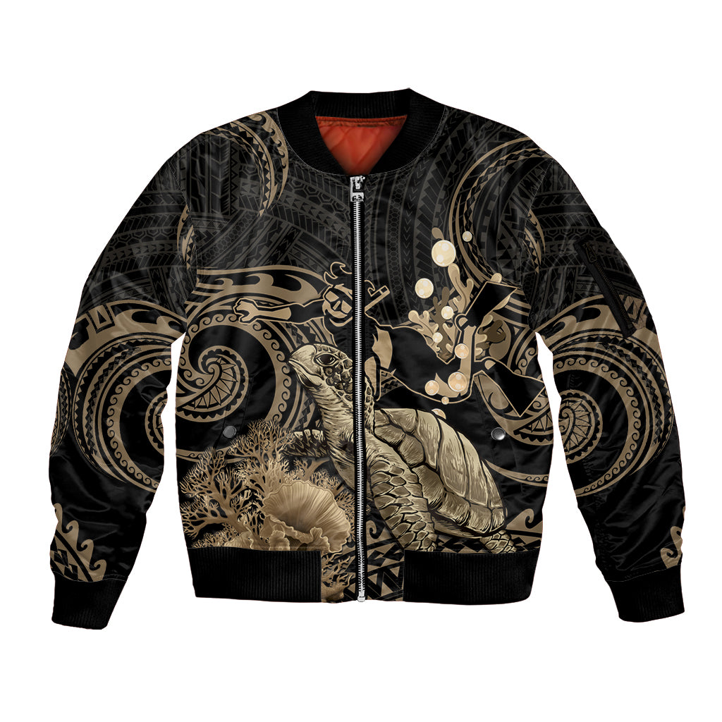 Gold Aloha Hawaii Sleeve Zip Bomber Jacket Snorkeling With Sea Turtle Polynesian Pattern LT14 Unisex Gold - Polynesian Pride