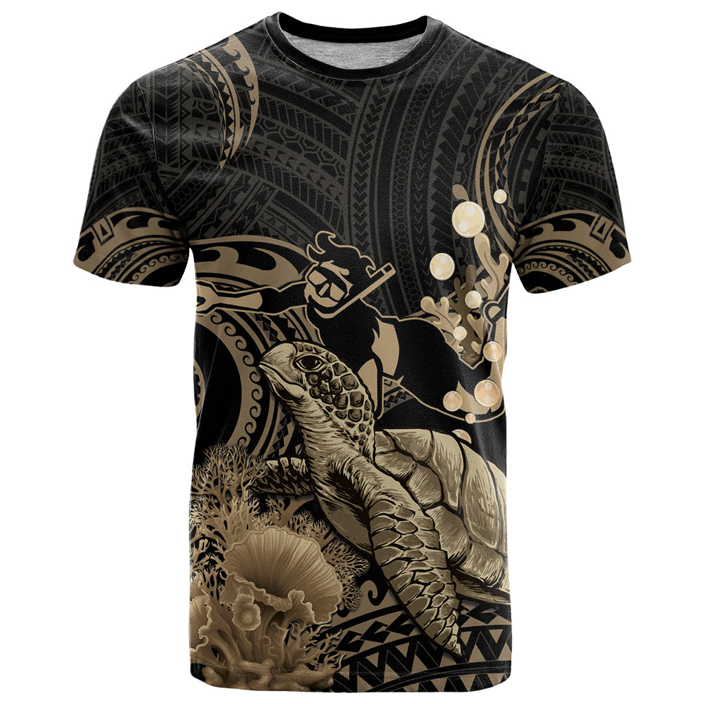 Gold Aloha Hawaii T Shirt Snorkeling With Sea Turtle Polynesian Pattern LT14 Gold - Polynesian Pride