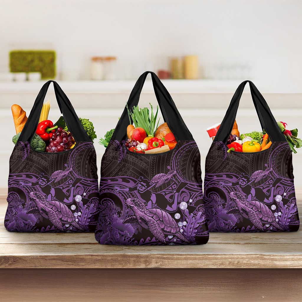 Purple Aloha Hawaii Grocery Bag Snorkeling With Sea Turtle Polynesian Pattern LT14 3-pack One Size Purple - Polynesian Pride