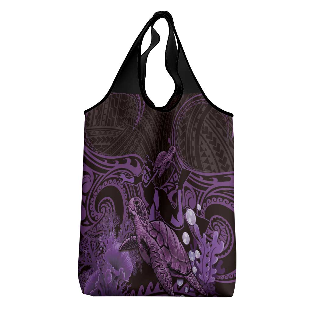 Purple Aloha Hawaii Grocery Bag Snorkeling With Sea Turtle Polynesian Pattern LT14 - Polynesian Pride