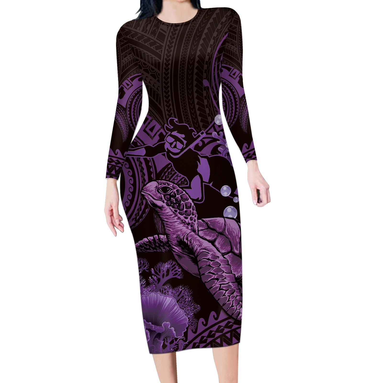 Purple Aloha Hawaii Long Sleeve Bodycon Dress Snorkeling With Sea Turtle Polynesian Pattern LT14 Long Dress Purple - Polynesian Pride