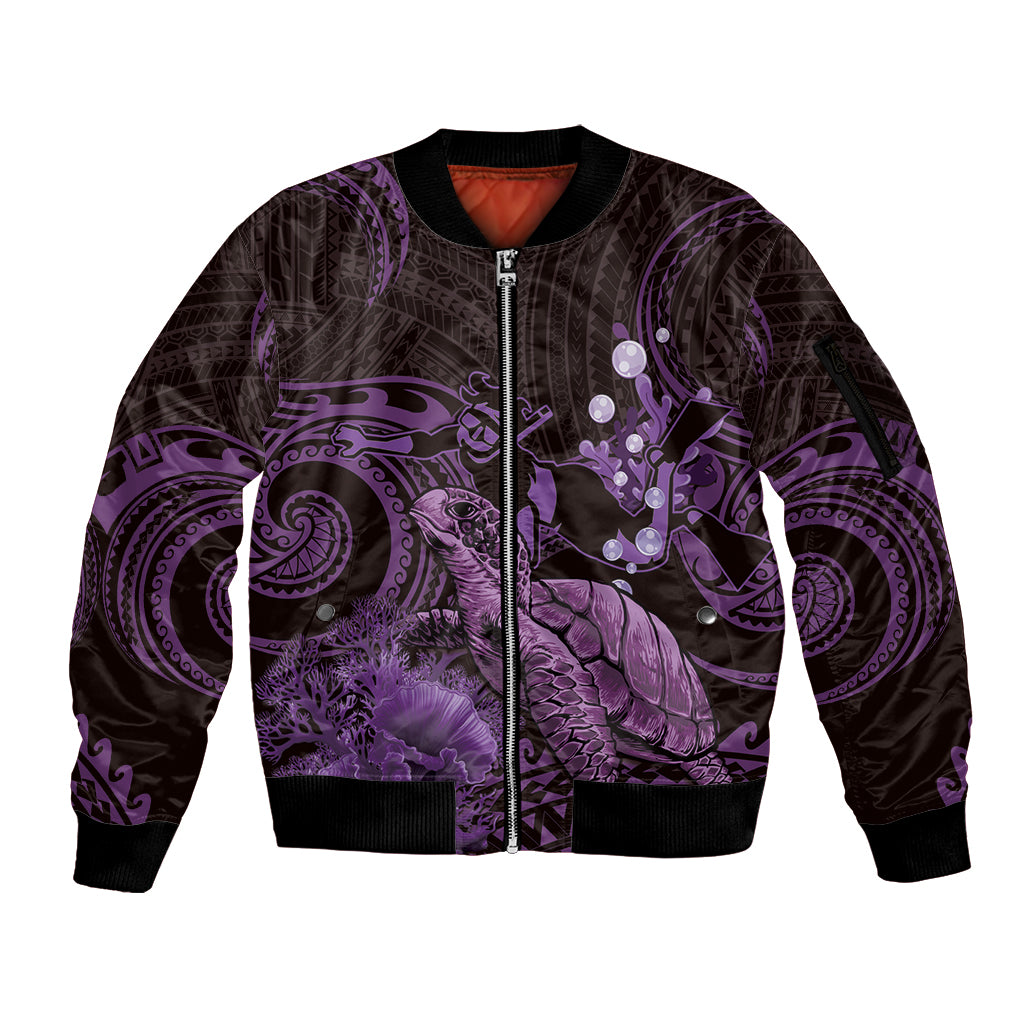 Purple Aloha Hawaii Sleeve Zip Bomber Jacket Snorkeling With Sea Turtle Polynesian Pattern LT14 Unisex Purple - Polynesian Pride