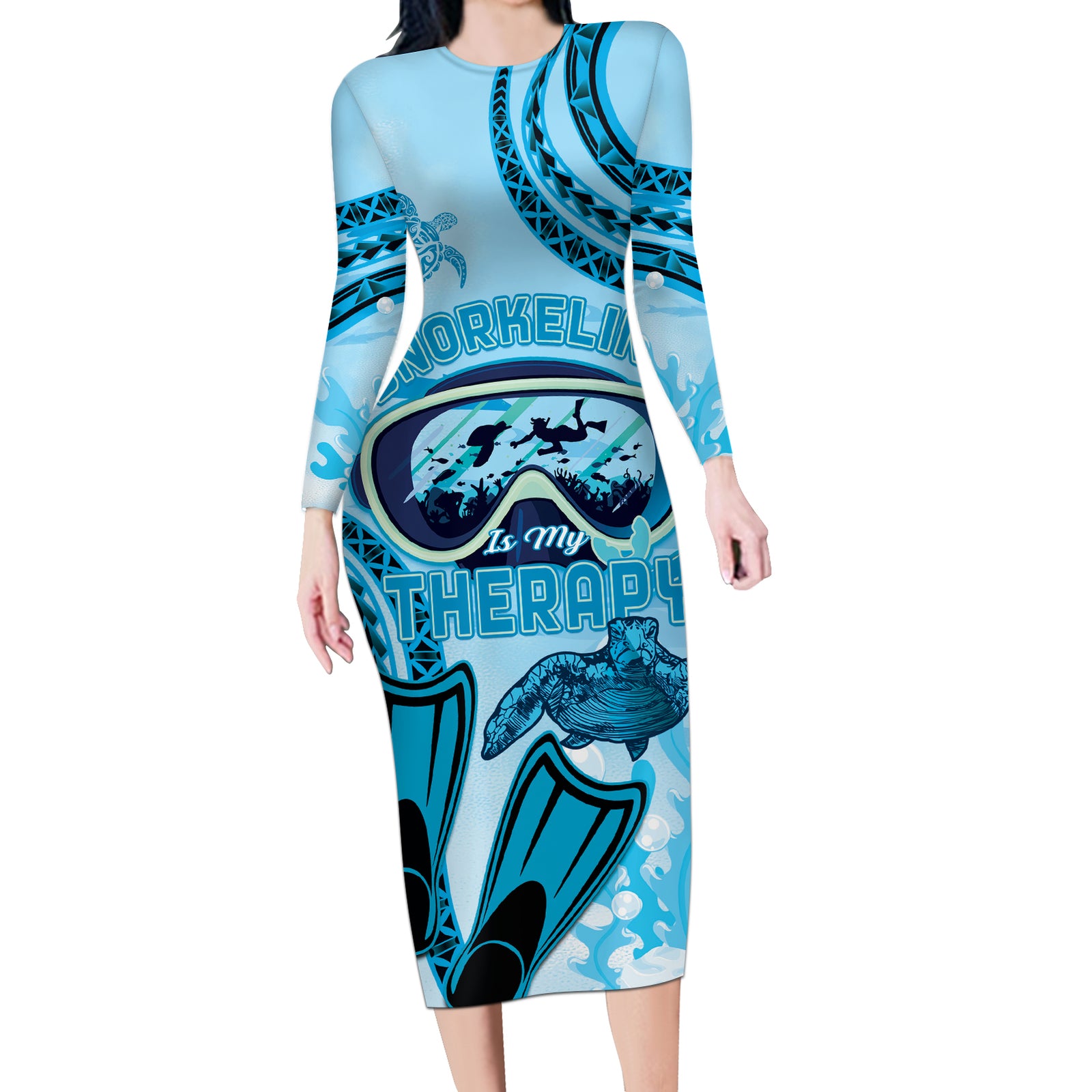 Hawaii Sea Turtle Snorkeling Is My Therapy Long Sleeve Bodycon Dress LT14 Long Dress Blue - Polynesian Pride