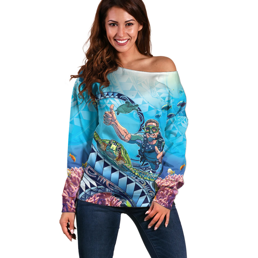 Hawaii Snorkeling Honu Turtle Off Shoulder Sweater Under The Ocean Vibes LT14 Women Blue - Polynesian Pride