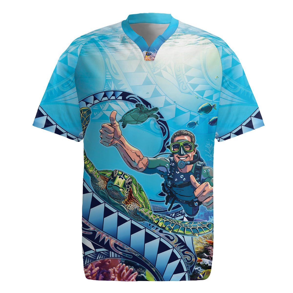 Hawaii Snorkeling Honu Turtle Rugby Jersey Under The Ocean Vibes LT14 Blue - Polynesian Pride