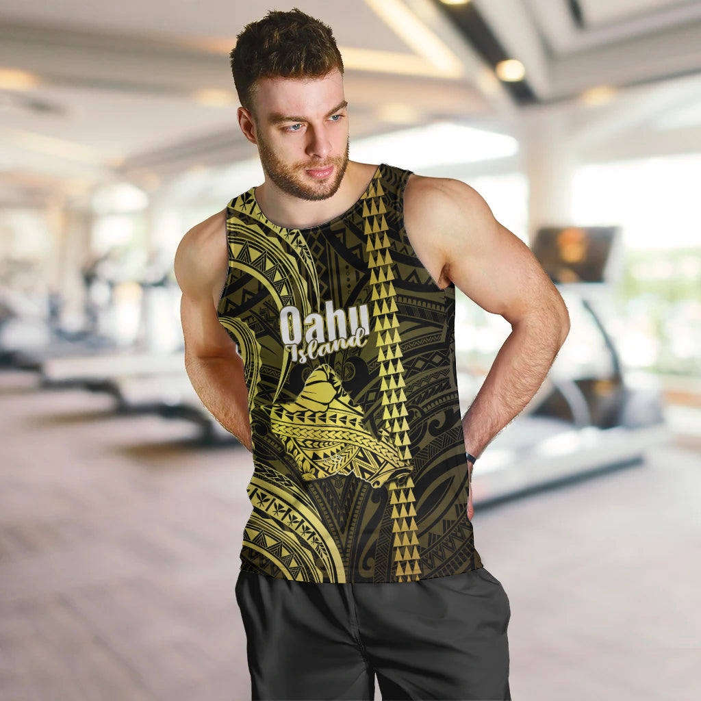 Personalised Hawaiian Islands Men Tank Top Oahu Map Yellow Kanaka With Kakau LT14 - Polynesian Pride