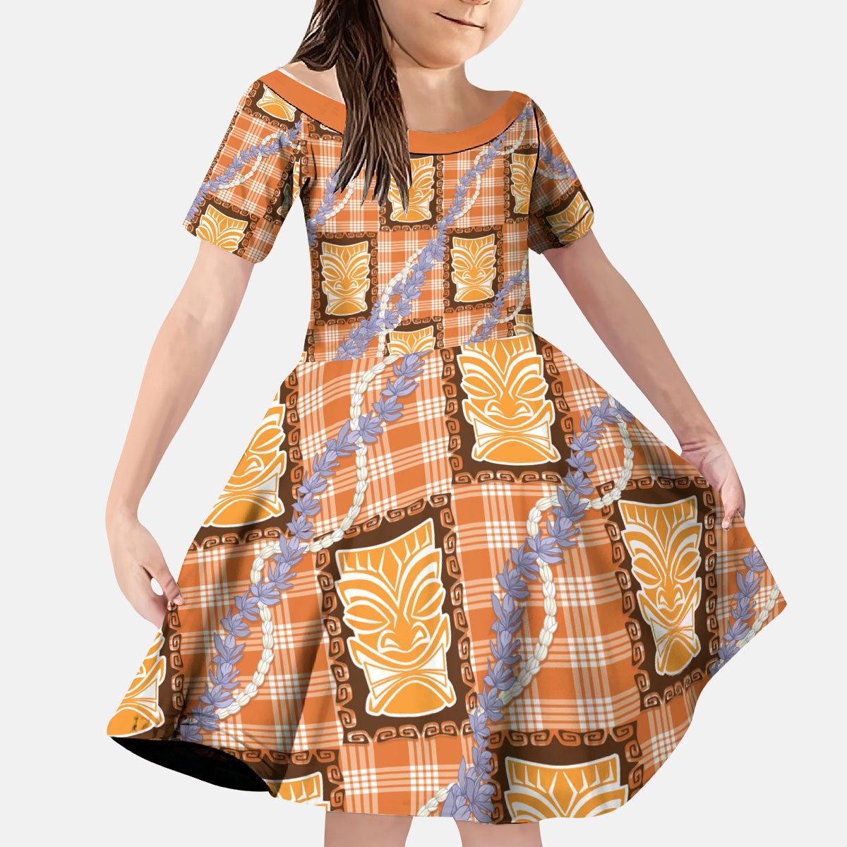 Aloha Hawaii Tiki Palaka Motifs Kid Short Sleeve Dress Honohono Lei Orange Elegant Vibes LT14 KID Orange - Polynesian Pride