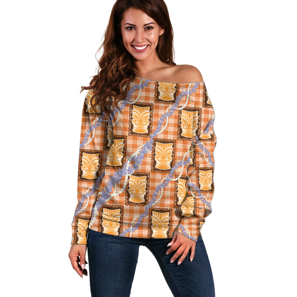 Aloha Hawaii Tiki Palaka Motifs Off Shoulder Sweater Honohono Lei Orange Elegant Vibes LT14 Women Orange - Polynesian Pride