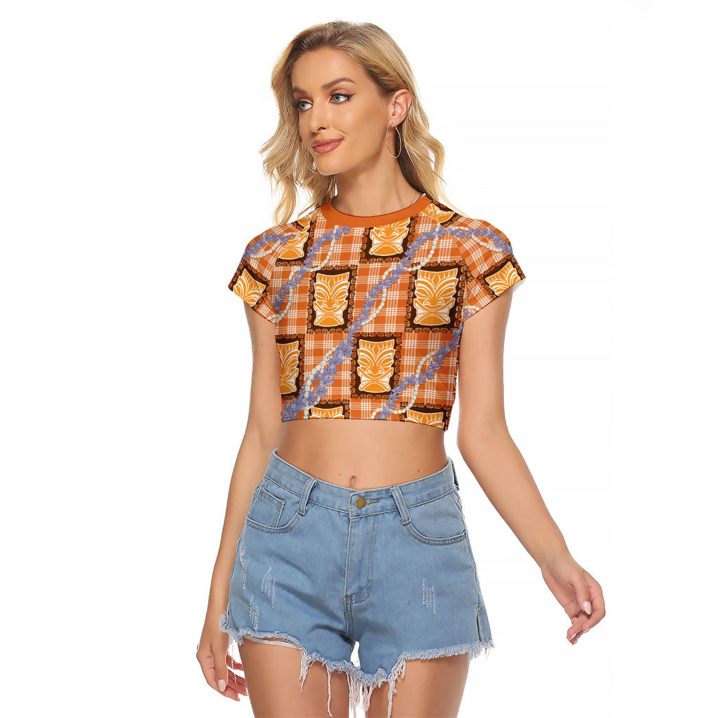 Aloha Hawaii Tiki Palaka Motifs Raglan Cropped T Shirt Honohono Lei Orange Elegant Vibes LT14 Female Orange - Polynesian Pride