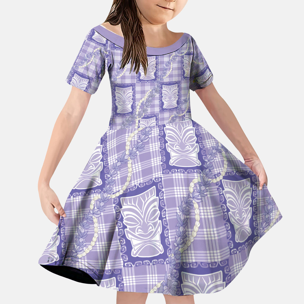 Aloha Hawaii Tiki Palaka Motifs Kid Short Sleeve Dress Honohono Lei Purple Elegant Vibes LT14 KID Purple - Polynesian Pride