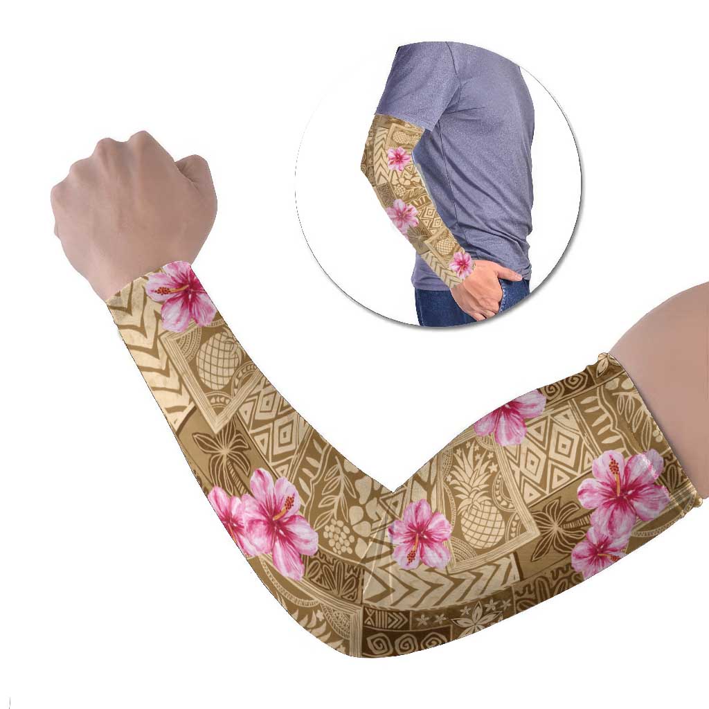 Beige Hawaii Hibiscus With Tropical Flowers Motifs Arm Sleeves LT14 Set of 2 Beige - Polynesian Pride