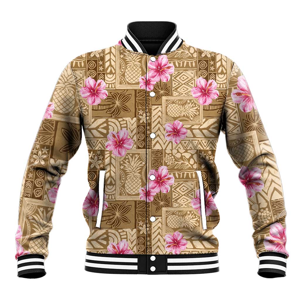 Beige Hawaii Hibiscus With Tropical Flowers Motifs Baseball Jacket LT14 Unisex Beige - Polynesian Pride