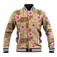 Beige Hawaii Hibiscus With Tropical Flowers Motifs Baseball Jacket LT14 Unisex Beige - Polynesian Pride