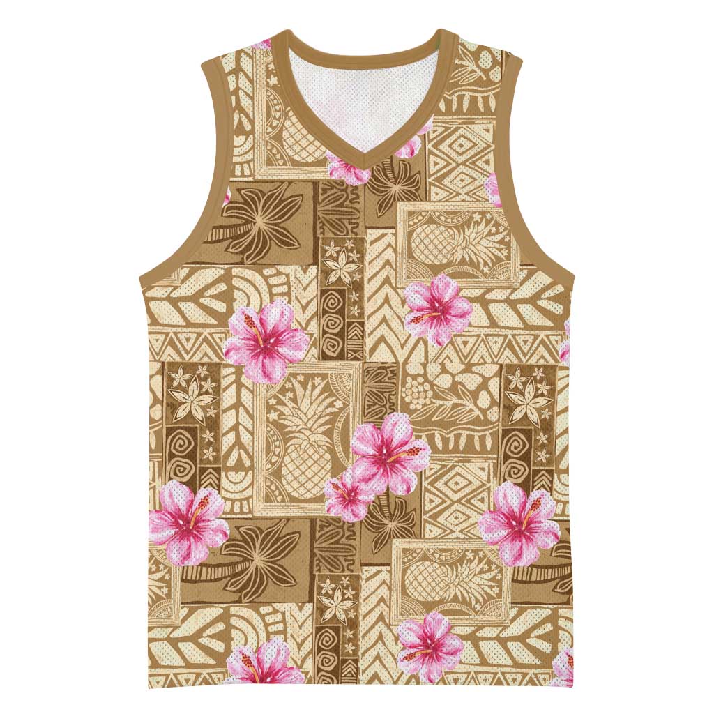 Beige Hawaii Hibiscus With Tropical Flowers Motifs Basketball Jersey LT14 Unisex Beige - Polynesian Pride