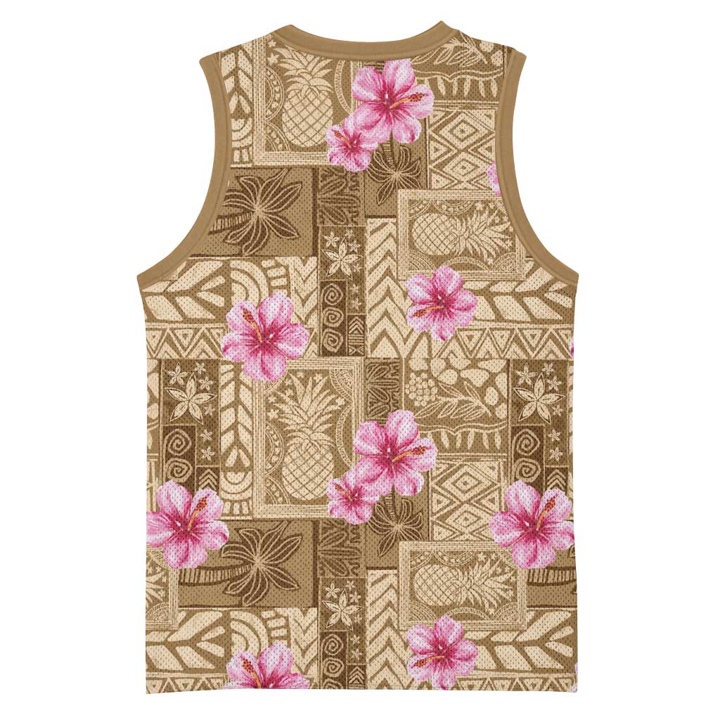 Beige Hawaii Hibiscus With Tropical Flowers Motifs Basketball Jersey LT14 - Polynesian Pride