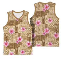 Beige Hawaii Hibiscus With Tropical Flowers Motifs Basketball Jersey LT14 - Polynesian Pride
