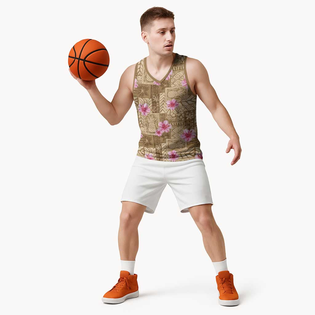 Beige Hawaii Hibiscus With Tropical Flowers Motifs Basketball Jersey LT14 - Polynesian Pride