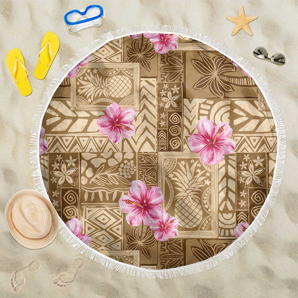 Beige Hawaii Hibiscus With Tropical Flowers Motifs Beach Blanket LT14 One Size 150cm Beige - Polynesian Pride