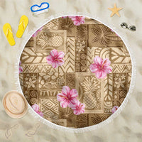 Beige Hawaii Hibiscus With Tropical Flowers Motifs Beach Blanket LT14 One Size 150cm Beige - Polynesian Pride